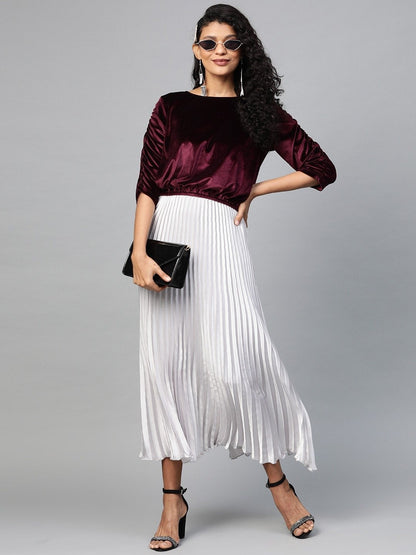 Women's Burgundy Velvet Rouched Sleeve Top