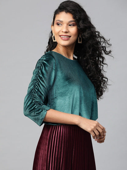 Women's Teal Velvet Rouched Sleeve Top