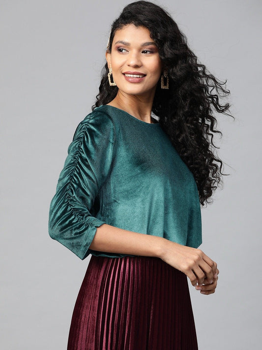 Women's Teal Velvet Rouched Sleeve Top