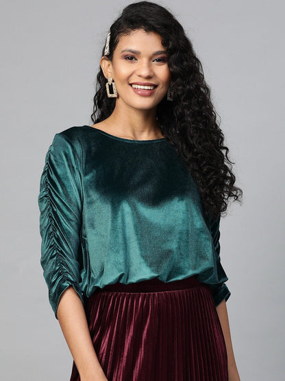 Women's Teal Velvet Rouched Sleeve Top