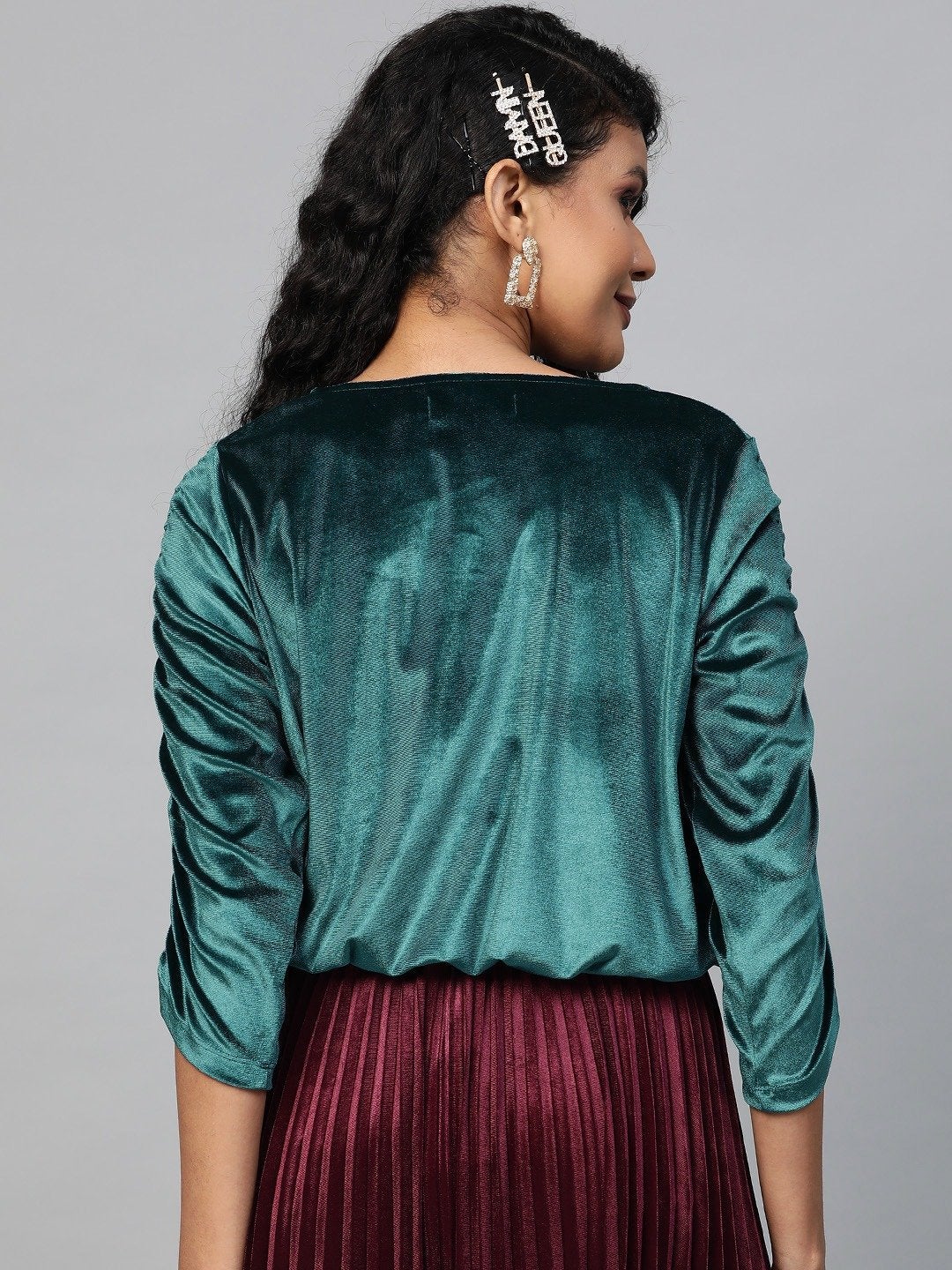 Women's Teal Velvet Rouched Sleeve Top