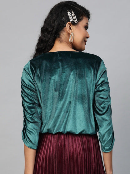 Women's Teal Velvet Rouched Sleeve Top