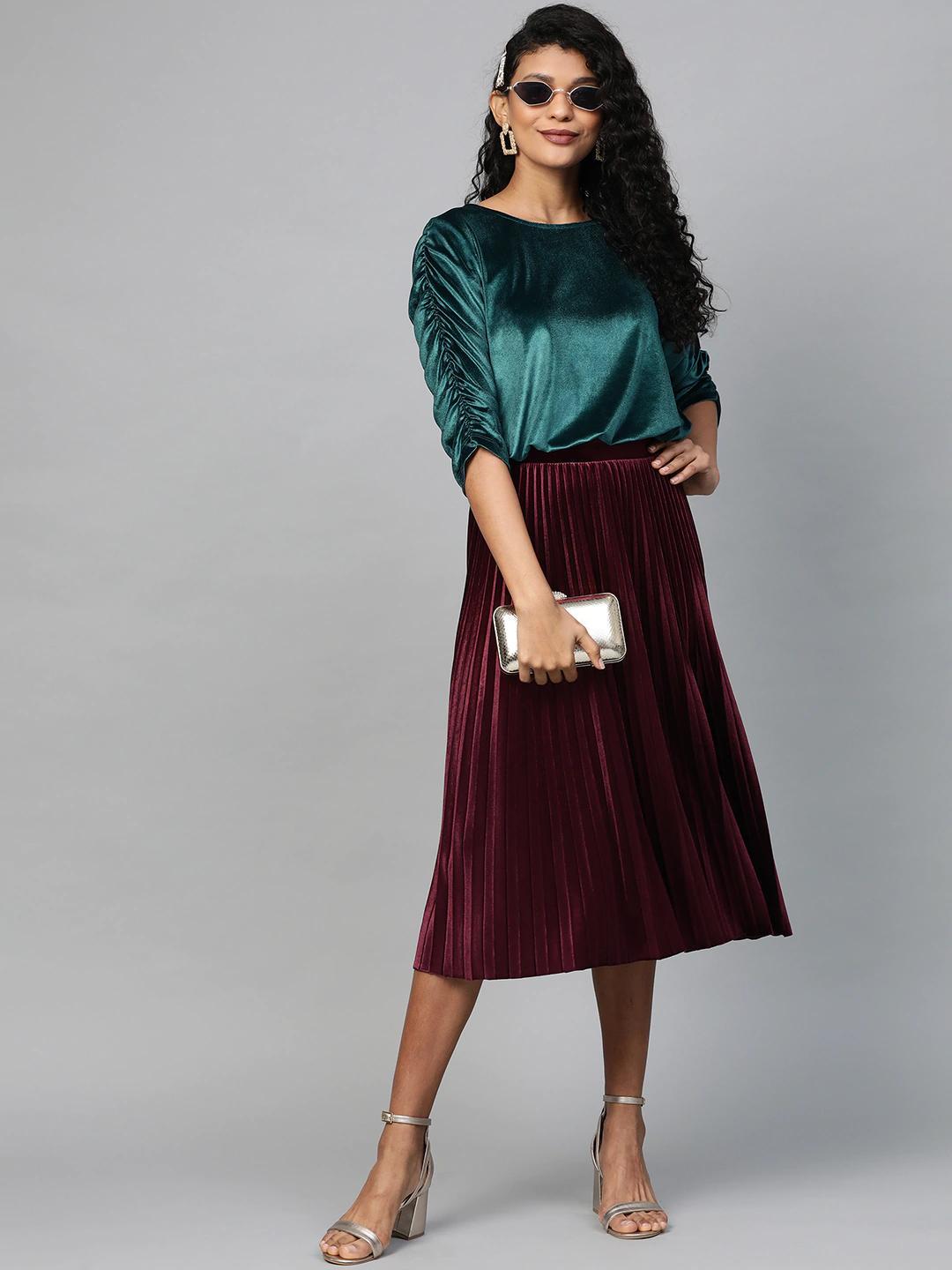 Women's Teal Velvet Rouched Sleeve Top