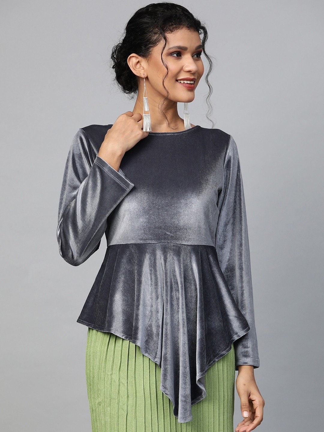 Women's Grey Velvet Asymmetric Peplum Top