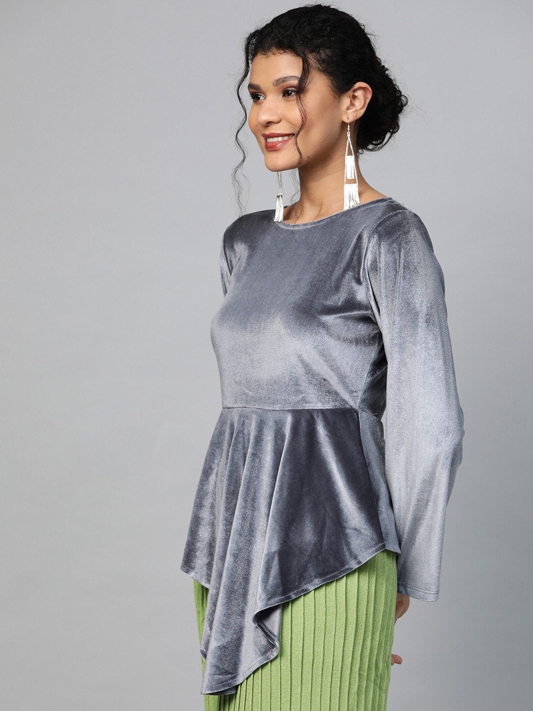 Women's Grey Velvet Asymmetric Peplum Top
