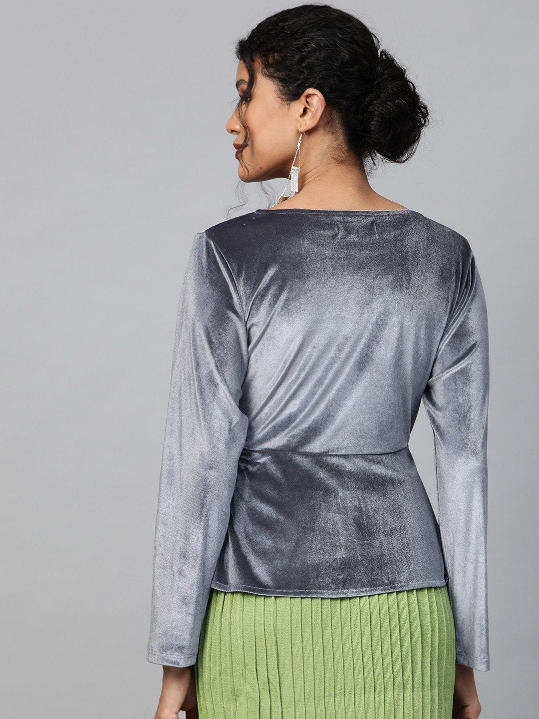 Women's Grey Velvet Asymmetric Peplum Top