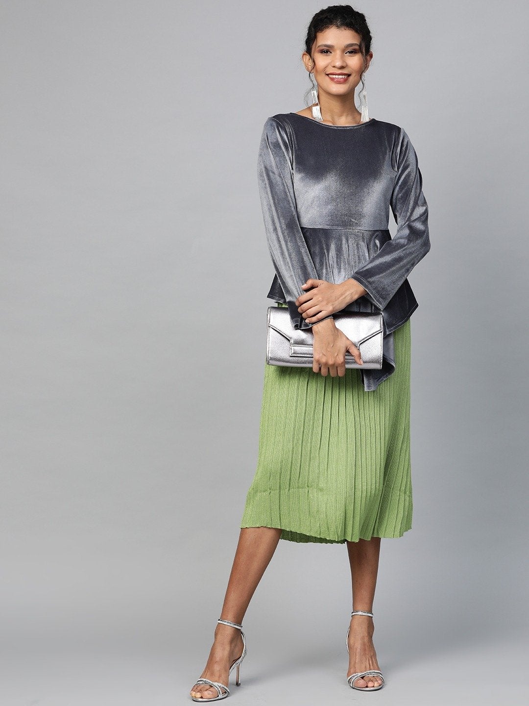 Women's Grey Velvet Asymmetric Peplum Top
