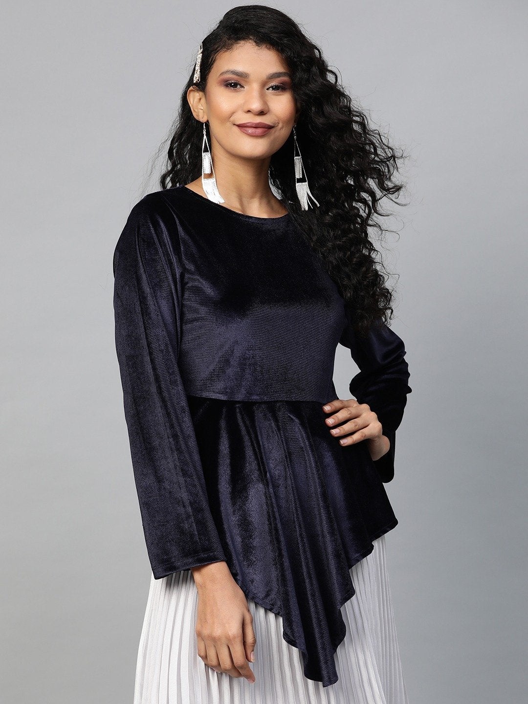 Women's Navy Velvet Asymmetric Peplum Top
