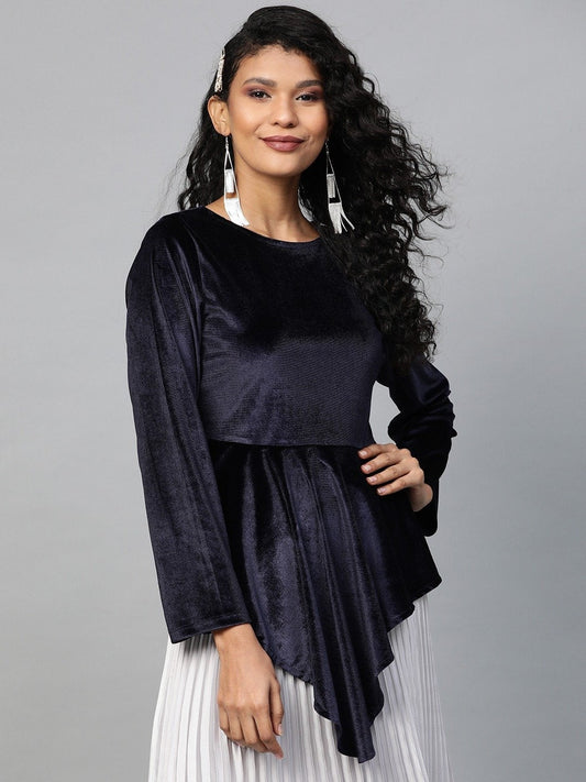 Women's Navy Velvet Asymmetric Peplum Top
