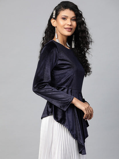 Women's Navy Velvet Asymmetric Peplum Top