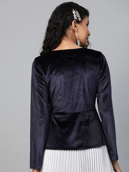 Women's Navy Velvet Asymmetric Peplum Top