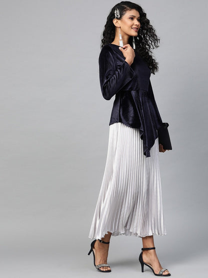 Women's Navy Velvet Asymmetric Peplum Top