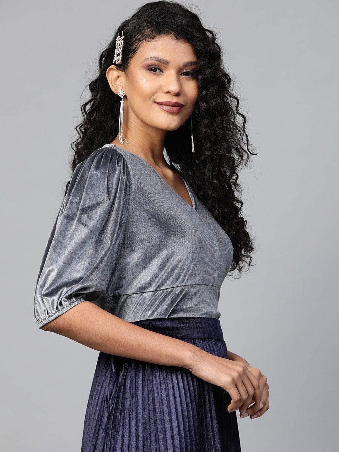 Women's Grey Velvet Boxy Top
