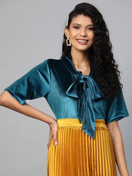 Women's Teal Velvet Tie-Up Detail Top