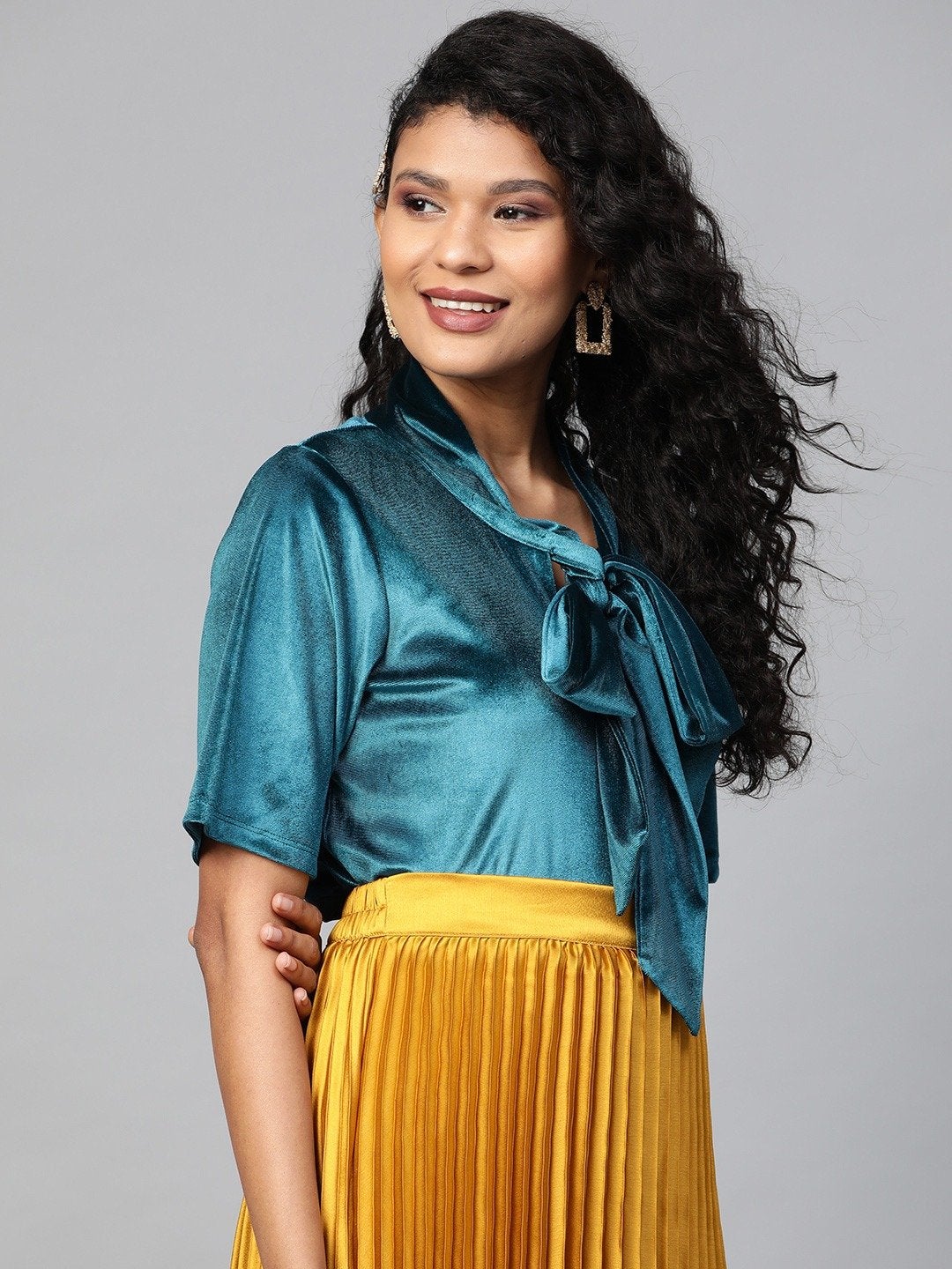 Women's Teal Velvet Tie-Up Detail Top