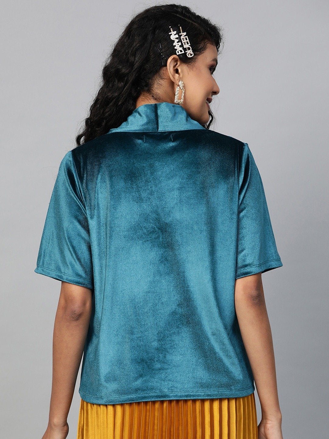 Women's Teal Velvet Tie-Up Detail Top