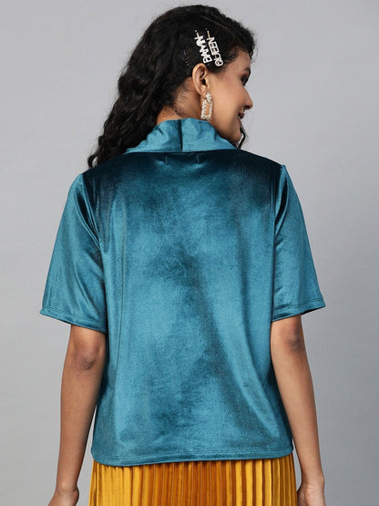 Women's Teal Velvet Tie-Up Detail Top