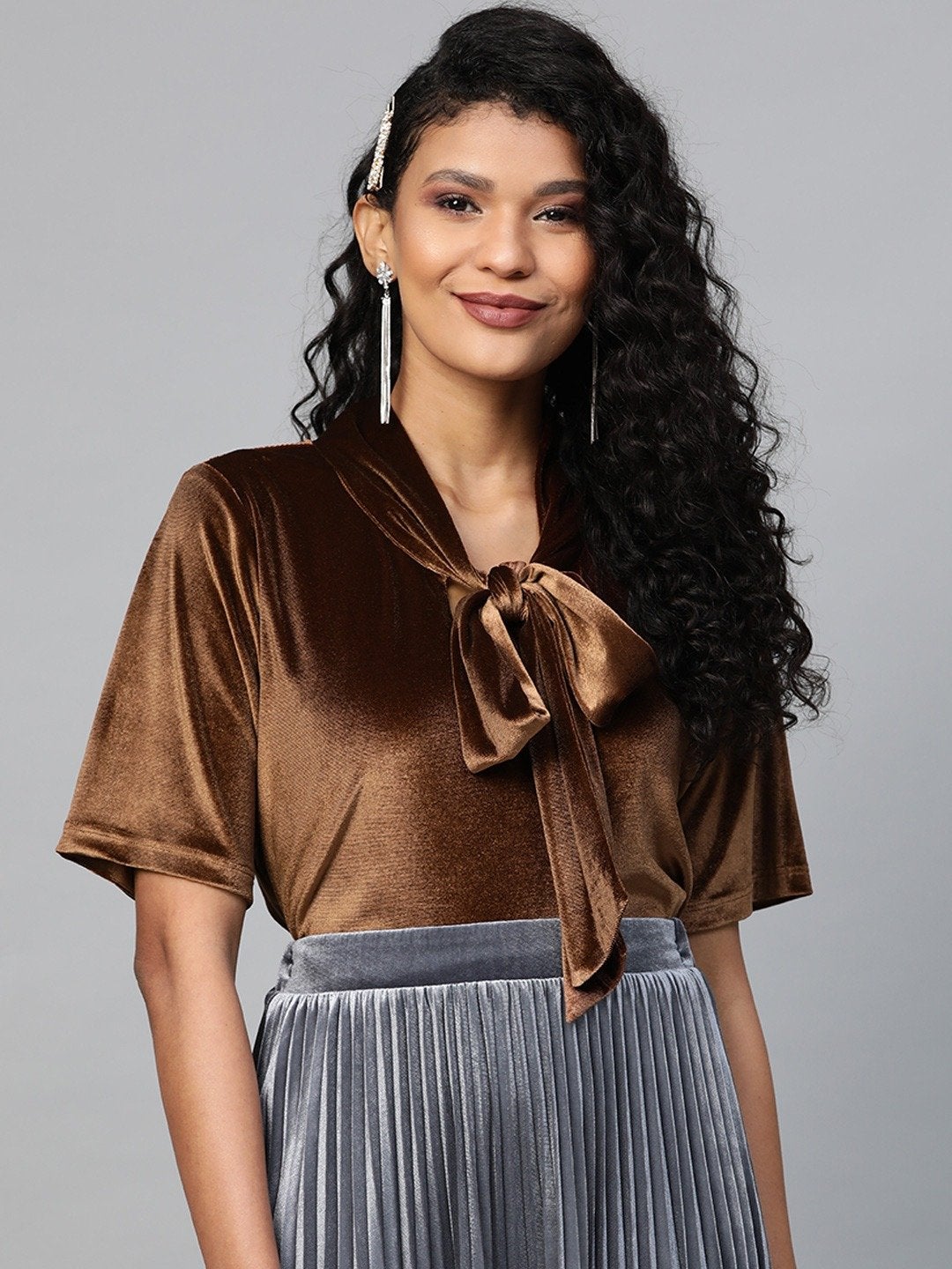 Women's Brown Velvet Tie-Up Detail Top