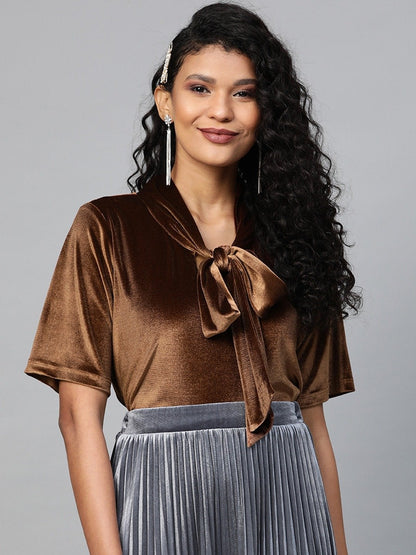 Women's Brown Velvet Tie-Up Detail Top