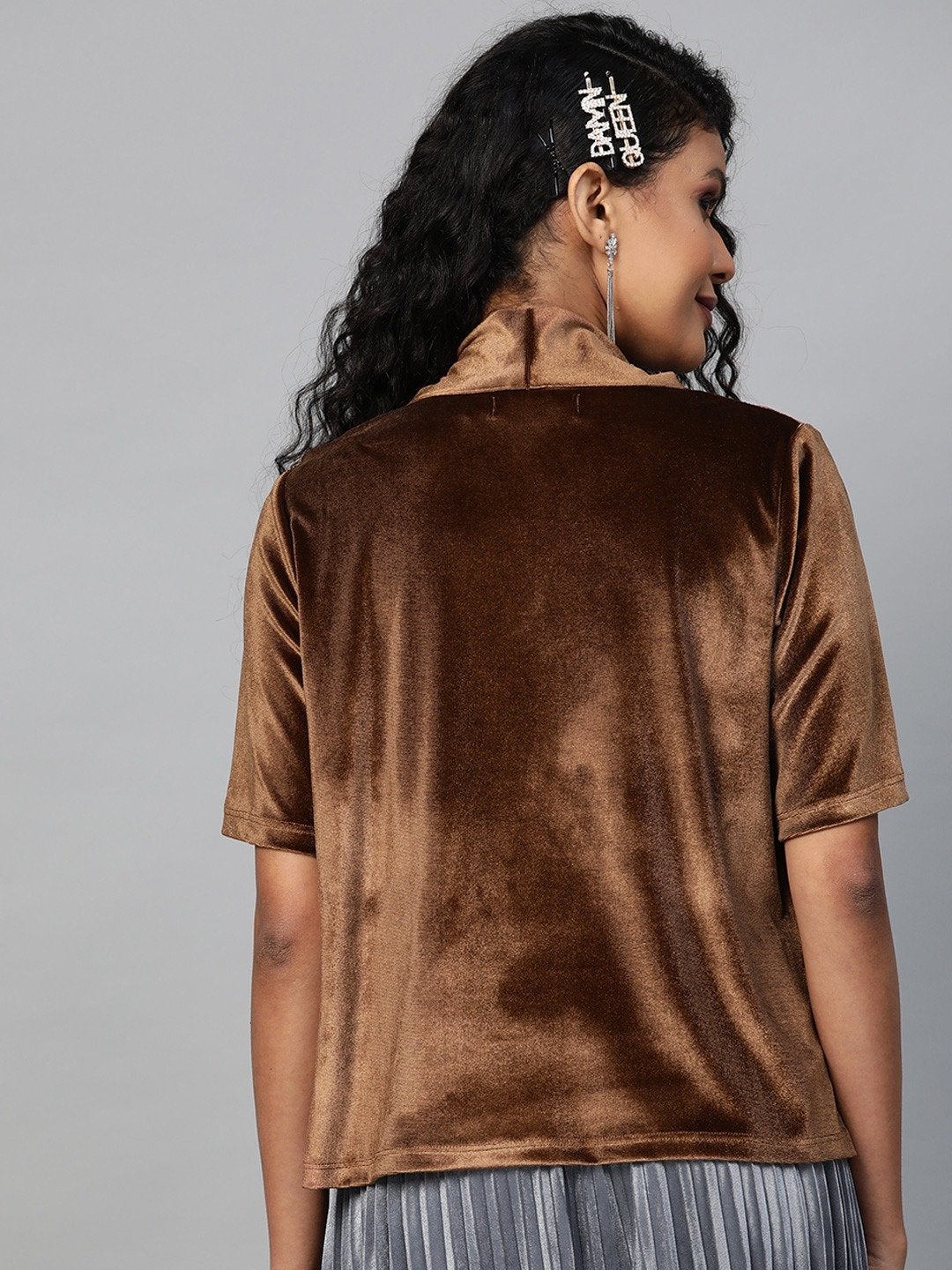 Women's Brown Velvet Tie-Up Detail Top