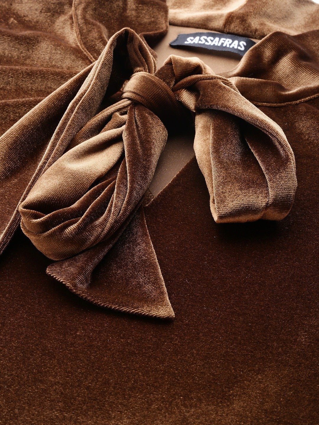 Women's Brown Velvet Tie-Up Detail Top