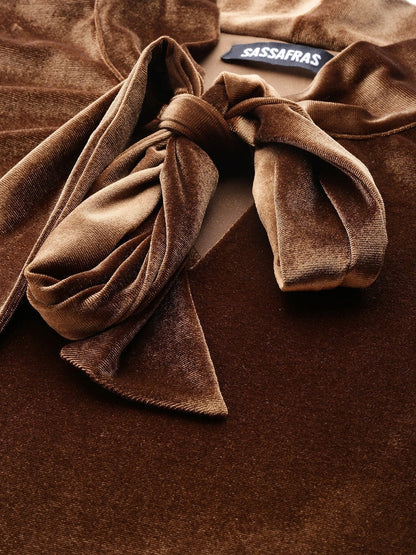 Women's Brown Velvet Tie-Up Detail Top