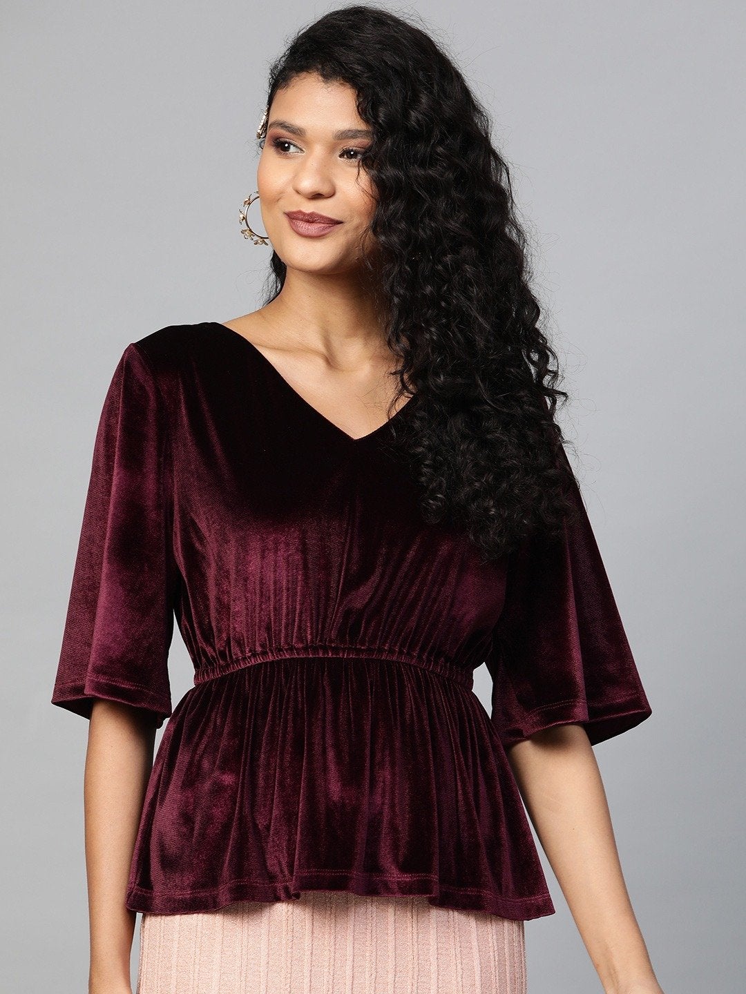 Women's Burgundy Velvet Peplum Top