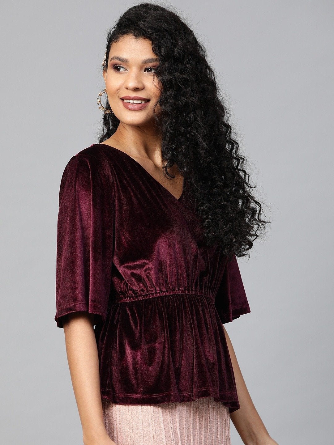 Women's Burgundy Velvet Peplum Top