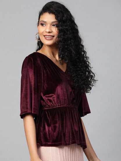 Women's Burgundy Velvet Peplum Top