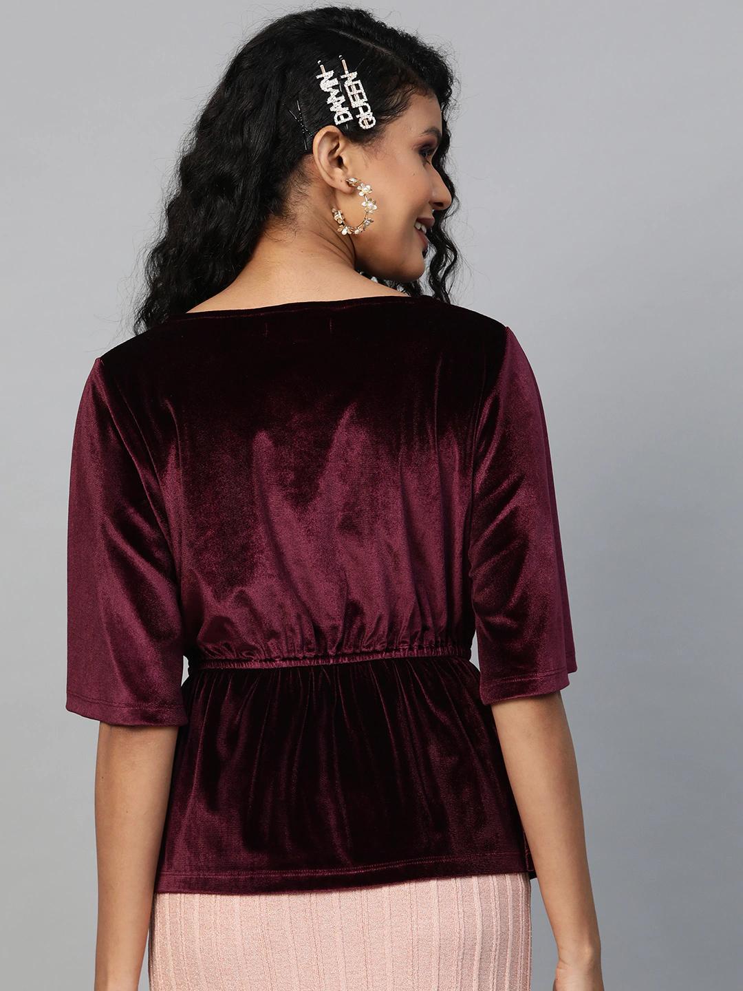 Women's Burgundy Velvet Peplum Top
