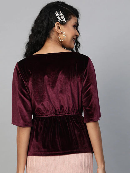 Women's Burgundy Velvet Peplum Top