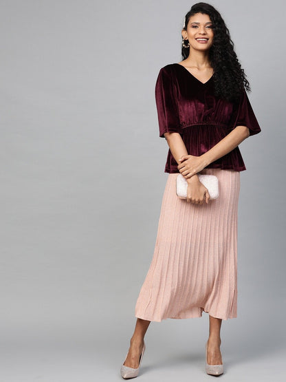 Women's Burgundy Velvet Peplum Top