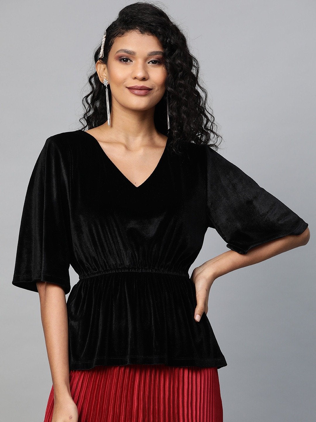 Women's Black Velvet Peplum Top