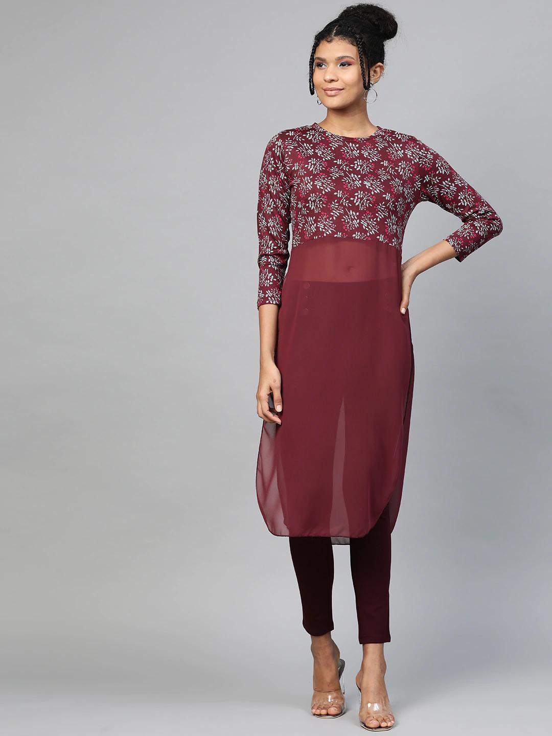 Women's Maroon Floral Side Slit Longline Top