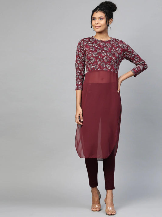Women's Maroon Floral Side Slit Longline Top