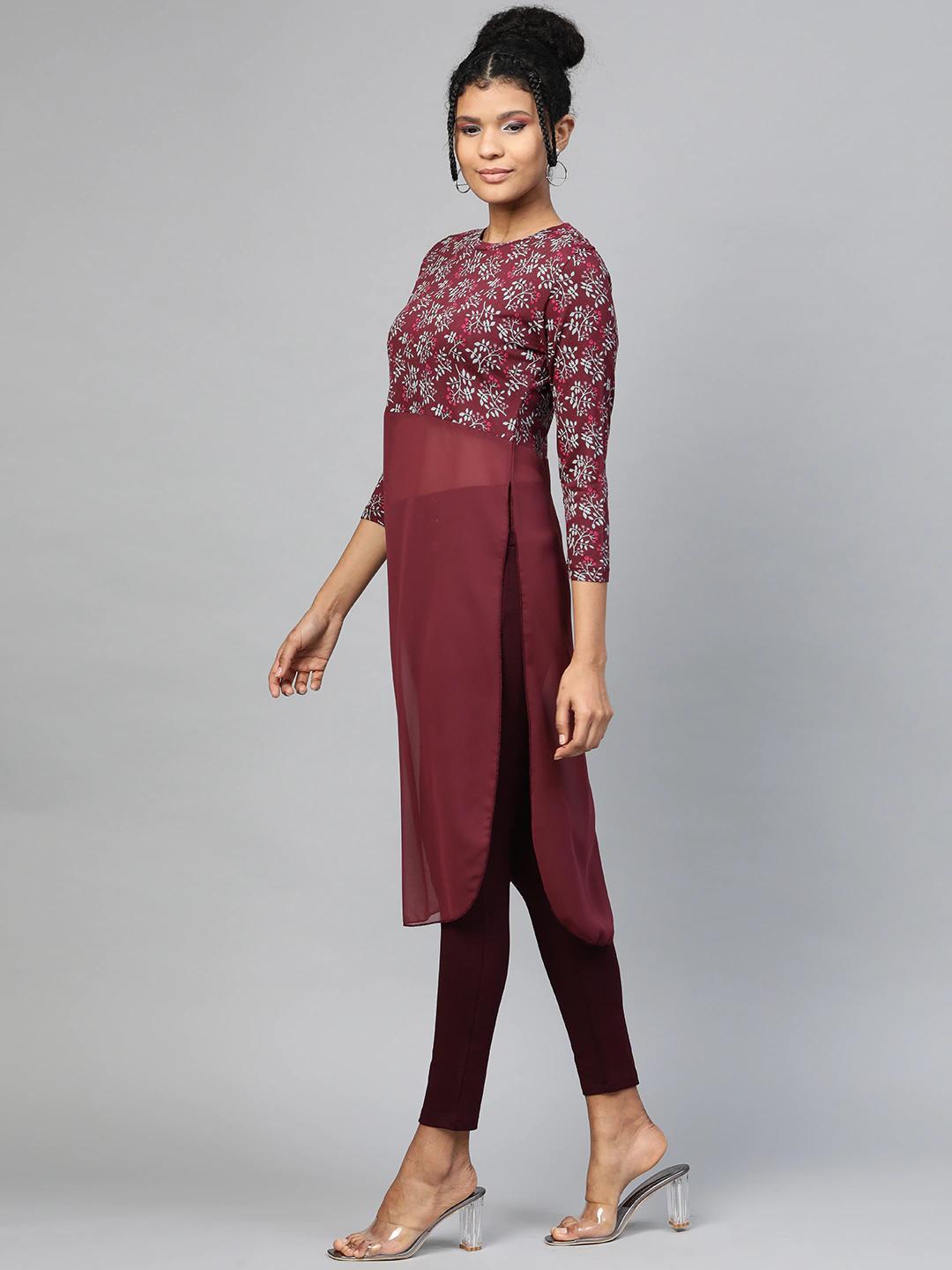 Women's Maroon Floral Side Slit Longline Top