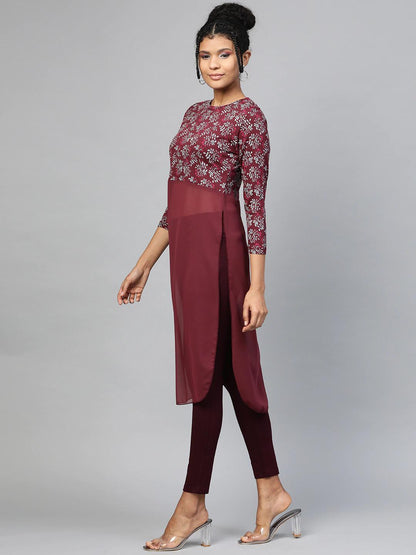 Women's Maroon Floral Side Slit Longline Top