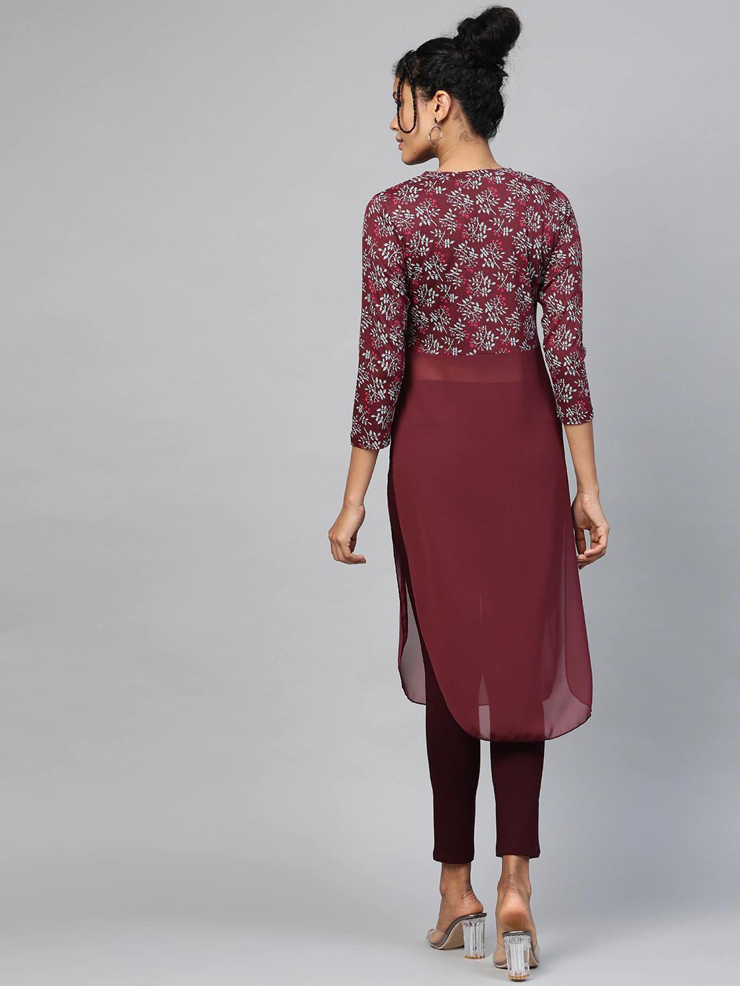 Women's Maroon Floral Side Slit Longline Top