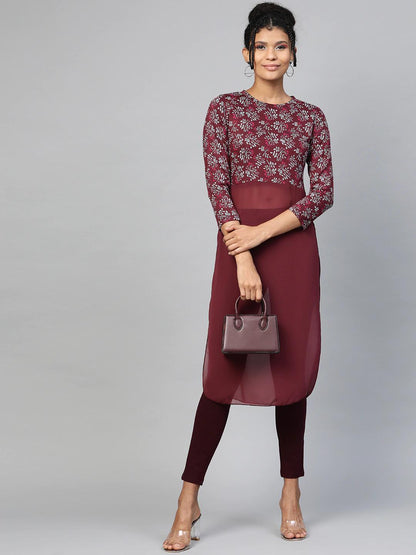 Women's Maroon Floral Side Slit Longline Top