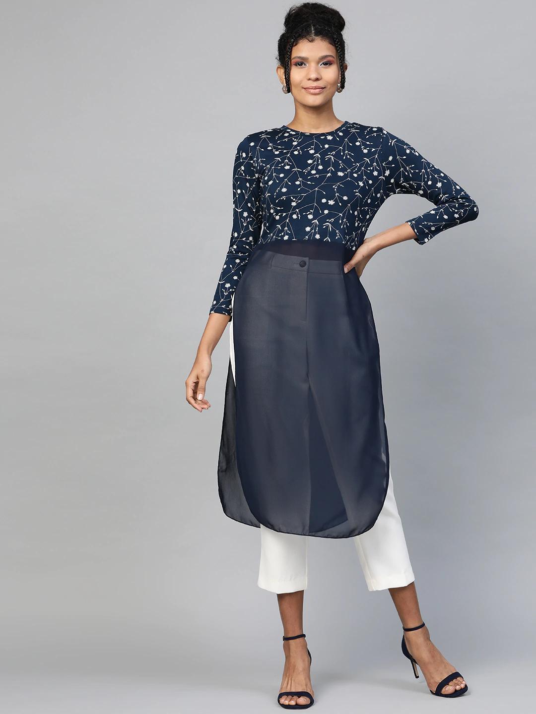 Women's Navy Floral Side Slit Longline Top