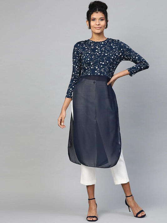 Women's Navy Floral Side Slit Longline Top