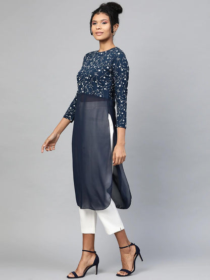 Women's Navy Floral Side Slit Longline Top