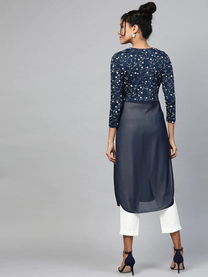 Women's Navy Floral Side Slit Longline Top