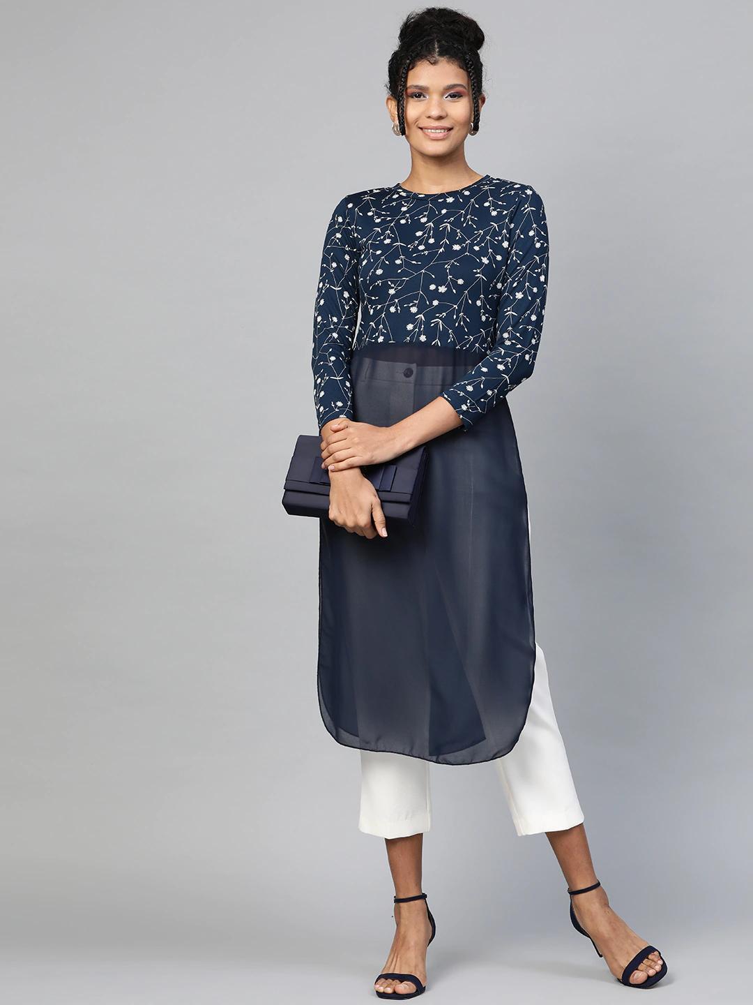 Women's Navy Floral Side Slit Longline Top