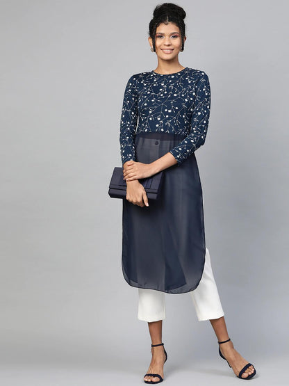 Women's Navy Floral Side Slit Longline Top
