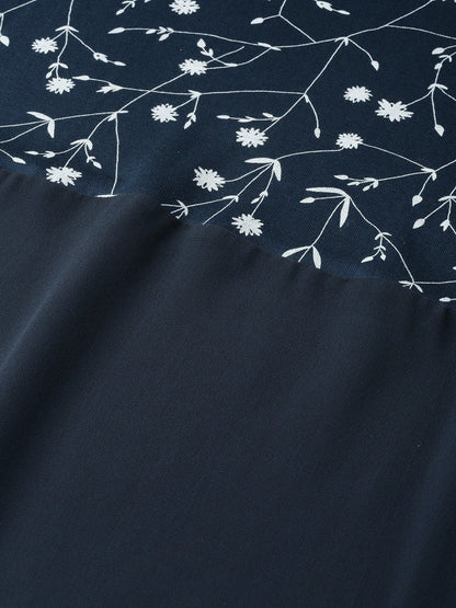 Women's Navy Floral Side Slit Longline Top