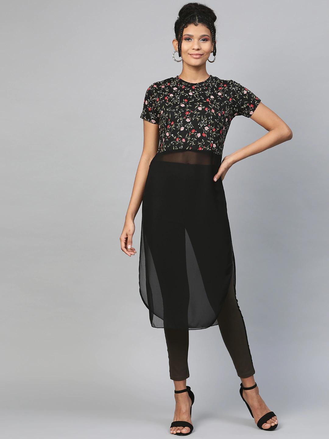 Women's Black Floral Side Slit Longline Top