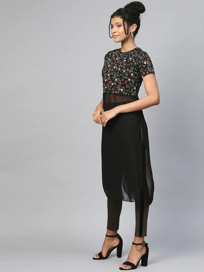 Women's Black Floral Side Slit Longline Top