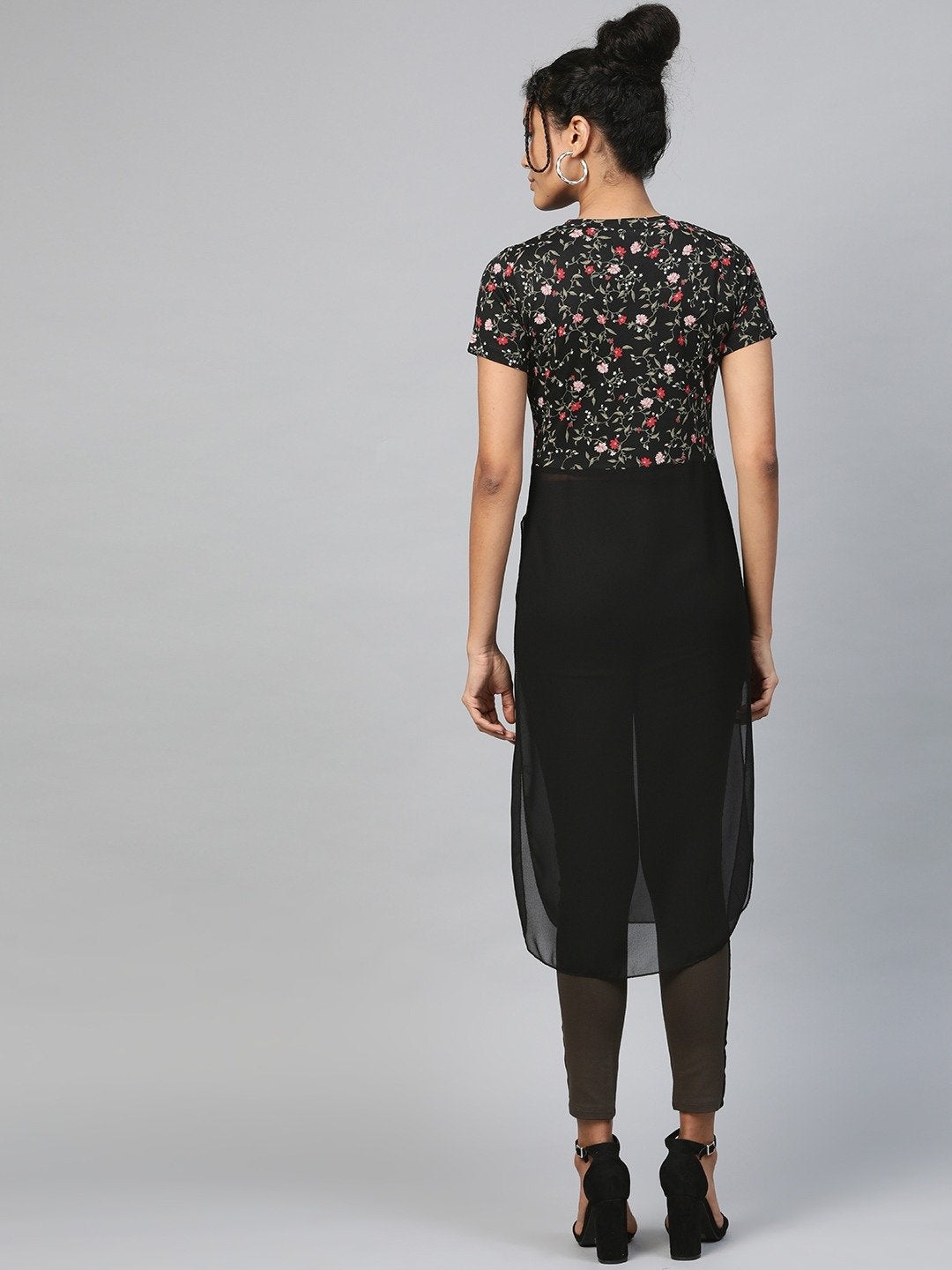 Women's Black Floral Side Slit Longline Top