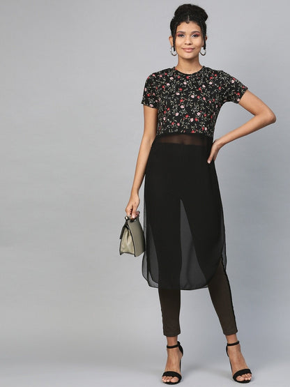 Women's Black Floral Side Slit Longline Top